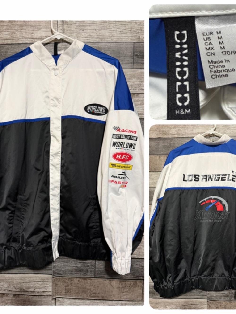 H&M Divided Oversized Satin Racing Jacket Women’s M Blue White Snap Button